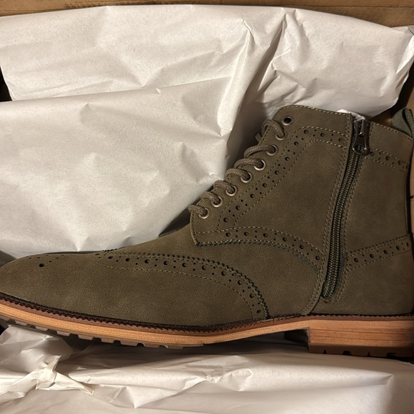 Madden Mens Olive Green Brogue Lace-up Wingtip Zip-up Boots, Size 10, NIB - Picture 3 of 6